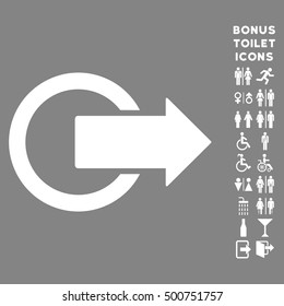 Logout icon and bonus male and female restroom symbols. Vector illustration style is flat iconic symbols, white color, gray background.