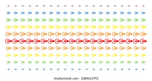 Logout icon spectrum halftone pattern. Vector shapes arranged into halftone array with vertical spectral gradient. Constructed for backgrounds, covers, templates and abstraction compositions.