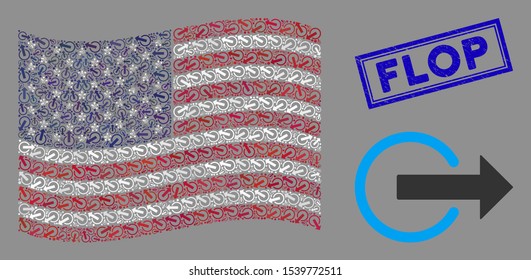 Logout icons are grouped into American flag mosaic with blue rectangle distressed stamp seal of Flop text. Vector concept of America waving state flag is done of logout icons.