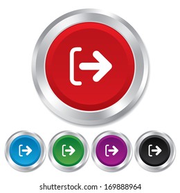 Logout sign icon. Sign out symbol. Arrow icon. Round metallic buttons. Vector