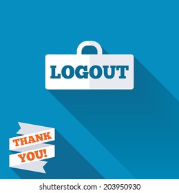 Logout sign icon. Sign out symbol. Lock icon. White flat icon with long shadow. Paper ribbon label with Thank you text. Vector