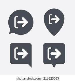 Logout sign icon. Sign out symbol. Arrow icon. Map pointers information buttons. Speech bubbles with icons. Vector