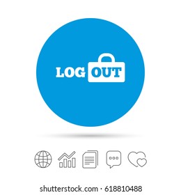 Logout sign icon. Sign out symbol. Lock icon. Copy files, chat speech bubble and chart web icons. Vector
