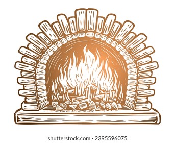 Logs are burning in fireplace. Fire in stone oven. Vector illustration