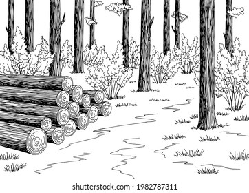 Logs cut in the forest graphic black white landscape sketch illustration vector