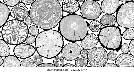 Logs of firewood, wood texture, tree rings pattern, vector design, isolated on white background
