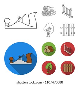 Logs in a stack, plane, tree, ladder with handrails. Sawmill and timber set collection icons in outline,flat style vector symbol stock illustration web.