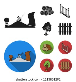 Logs in a stack, plane, tree, ladder with handrails. Sawmill and timber set collection icons in black, flat style vector symbol stock illustration web.