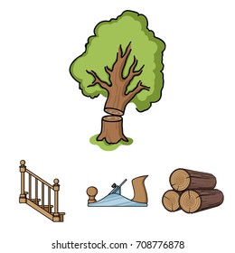 Logs in a stack, plane, tree, ladder with handrails. Sawmill and timber set collection icons in cartoon style vector symbol stock illustration web.