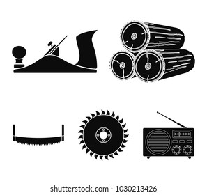 Logs in stacks, two-handed saws, circular saw. Sawmill and timber set collection icons in black style vector symbol stock illustration web.