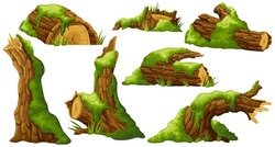 Logs, Stumps In Moss. Cartoon Tree In Lichen In Swamp Jungle. Broken Oak In Tropical Damp Forest. Set Isolated Vector Element On White Background.