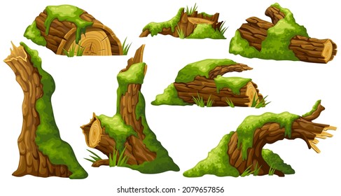 Logs  stumps in moss  Cartoon tree in lichen in swamp jungle  Broken oak in tropical damp forest  Set isolated vector element white background 