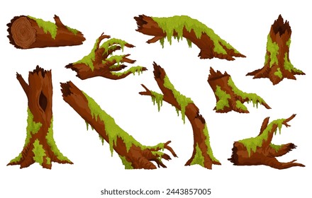 Logs, stumps in moss. Cartoon tree lichen in swamp jungle. Broken oak in tropical damp forest. Set isolated vector design element on white background