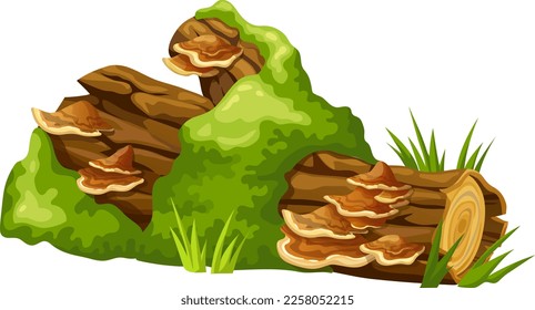 Logs, stumps in moss with fungus. Cartoon tree in lichen in swamp forest. Broken oak in tropical damp  jungle. Isolated vector element on white background.