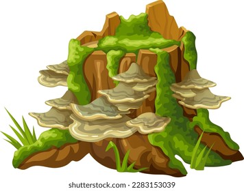 Logs, stumps in moss with fungus. Cartoon tree in lichen in swamp forest. Broken oak in tropical damp  jungle. Isolated vector element on white background.