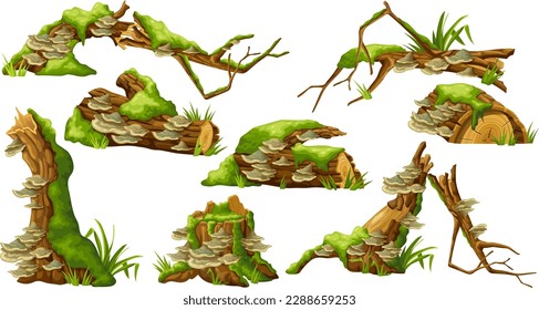 Logs, stumps in moss with fungus. Cartoon tree in lichen in swamp forest. Broken oak in tropical damp  jungle. Isolated vector element on white background.