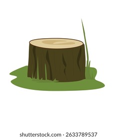 logs. tree stump. Tree stump surrounded by grass, and cattails. 