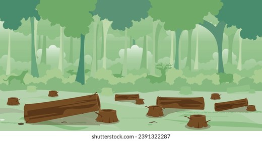 Logs and Trees Stump on tree silhouette background, Illegal logging damages the environment. Forest and Environment, Global Warming vector illustration.