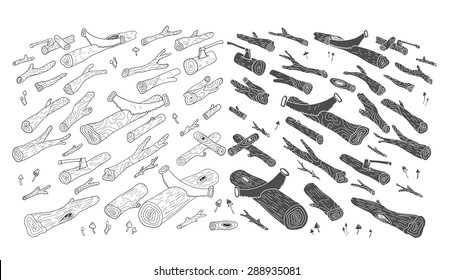Logs. Wood. Forest. Hand drawn illustration in doodle style. Isolated