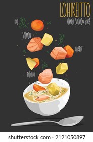 Lohieitto, Lachs Fischsuppe mit Sahne, Kartoffel, Karotten und Dill. Lohieitto ist eine traditionelle finnische und karelische Lachssuppe. Vektorgrafik