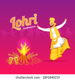 Lohri Celebration Background With Punjabi Man Doing Bhangra Dance Illustration.