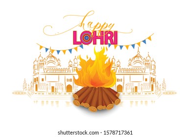 lohri celebration bonfire background with decorated drum and golden temple
