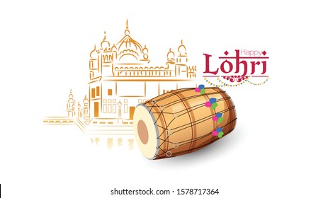 lohri celebration bonfire background with decorated drum and golden temple