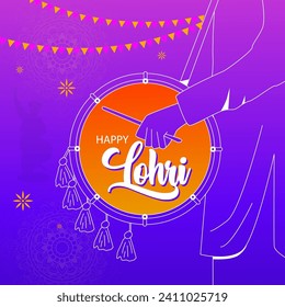 Lohri Celebration Digital Art Traditional Dhol Player in White Kurta, Yellow Pagri, Against a Purple Sky. HAPPY Lohri Glows in Yellow, Orange, Red. Adorned Dhol, Fireworks, Diyas Capturing Harvest Joy