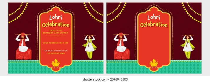 Lohri Celebration Invitation Cards Or Poster Design With Punjabi Couple Doing Folk Dance And Bonfire In Two Options.