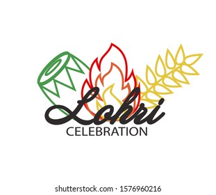 Lohri Celebration vector. Indian Punjabi harvest festival template with Lohri symbols on white background.