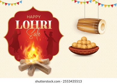 Lohri Festival Celebration With Bonfire, Drums and Silhouette Of Punjabi People Dancing On Red Color Background. Indian Ethnic Festive Sale Celebration Theme Concept Vector Illustration.