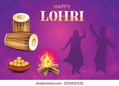 Lohri Festival Celebration With Bonfire, Drums and Silhouette Of Punjabi Dance On Purple Color Background. Indian Ethnic Festive Sale Celebration Theme Concept Vector Illustration.