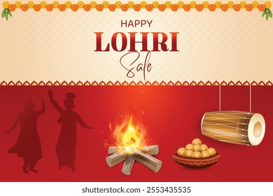 Lohri Festival Celebration With Bonfire, Drums and Silhouette Of Punjabi People Dancing On Red Color Background. Indian Ethnic Festive Sale Celebration Theme Concept Vector Illustration.