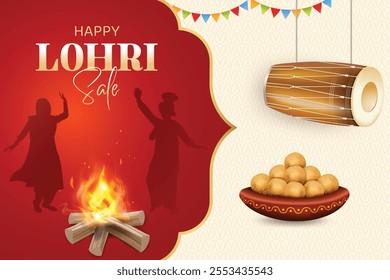 Lohri Festival Celebration With Bonfire, Drums and Silhouette Of Punjabi People Dancing On Red Color Background. Indian Ethnic Festive Sale Celebration Theme Concept Vector Illustration.