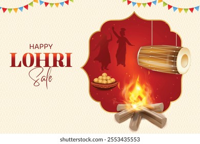 Lohri Festival Celebration With Bonfire, Drums and Silhouette Of Punjabi People Dancing On Red Color Background. Indian Ethnic Festive Sale Celebration Theme Concept Vector Illustration.