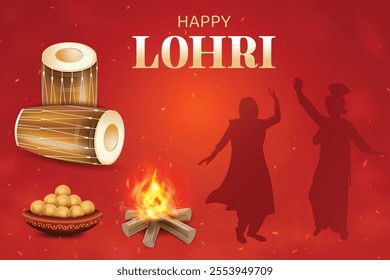 Lohri Festival Celebration With Bonfire, Drums and Silhouette Of Punjabi Dance On Red Color Background. Indian Ethnic Festive Sale Celebration Theme Concept Vector Illustration.