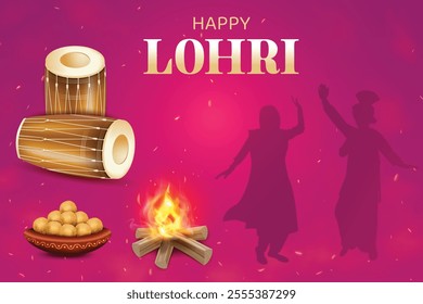 Lohri Festival Celebration With Bonfire, Drums and Silhouette Of Punjabi Dance On Pink Color Background. Indian Ethnic Festive Sale Celebration Theme Concept Vector Illustration.