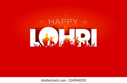 Lohri festival concept. Happy Lohri festival text with Indian sikh family dancing arround bonfire background.