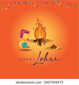 Lohri festival design, orange background, Happy Lohri festival of Punjab India with Kite and sweets