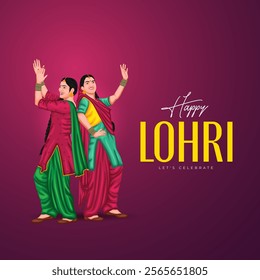 Lohri festival illustration featuring a bonfire, traditional dhol player, and Punjabi woman dancing