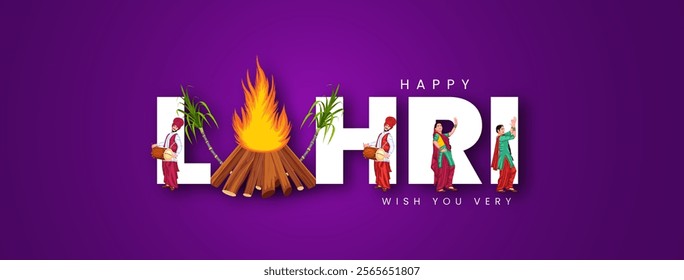 Lohri festival illustration featuring a bonfire, traditional dhol player, and Punjabi woman dancing