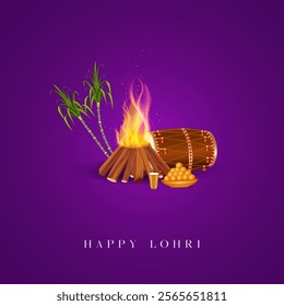 Lohri festival illustration featuring a bonfire, traditional dhol player, and Punjabi woman dancing