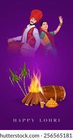 Lohri festival illustration featuring a bonfire, traditional dhol player, and Punjabi woman dancing