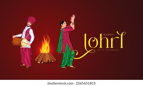 Lohri festival illustration featuring a bonfire, traditional dhol player, and Punjabi woman dancing