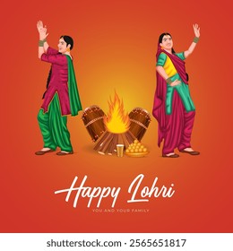 Lohri festival illustration featuring a bonfire, traditional dhol player, and Punjabi woman dancing