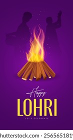 Lohri festival illustration featuring a bonfire, traditional dhol player, and Punjabi woman dancing