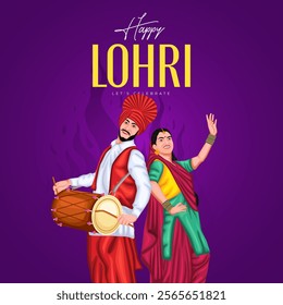 Lohri festival illustration featuring a bonfire, traditional dhol player, and Punjabi woman dancing