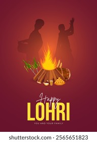 Lohri festival illustration featuring a bonfire, traditional dhol player, and Punjabi woman dancing