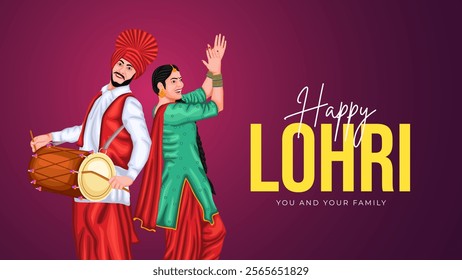 Lohri festival illustration featuring a bonfire, traditional dhol player, and Punjabi woman dancing