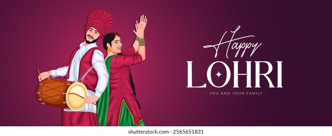 Lohri festival illustration featuring a bonfire, traditional dhol player, and Punjabi woman dancing